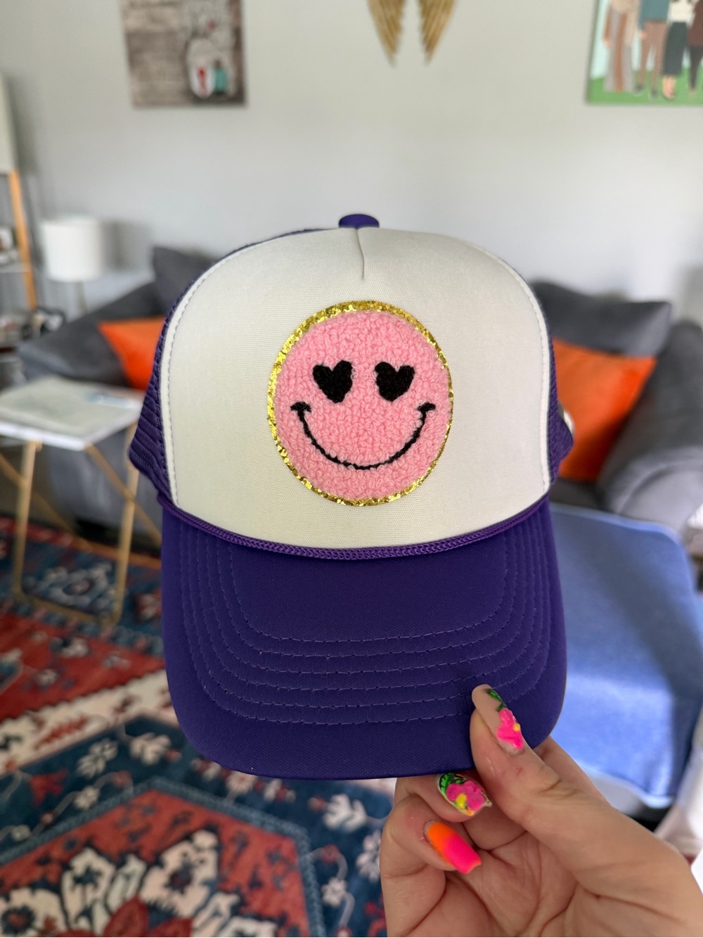 Purple & White Trucker Hat with Pink Smiley Patch